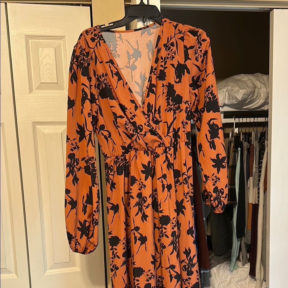 Orange and Black Long Sleeve V-Neck Sundress